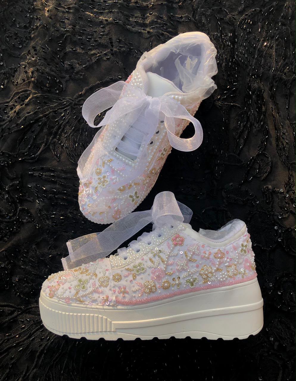 Pari Bloom white pearl pink gold floral bead embroidery organza bow platform sneakers