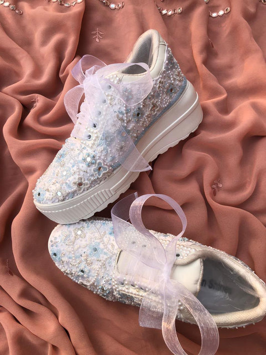 Noor Pearl white pearl silver blue floral sequin crystal blush organza bow sneakers
