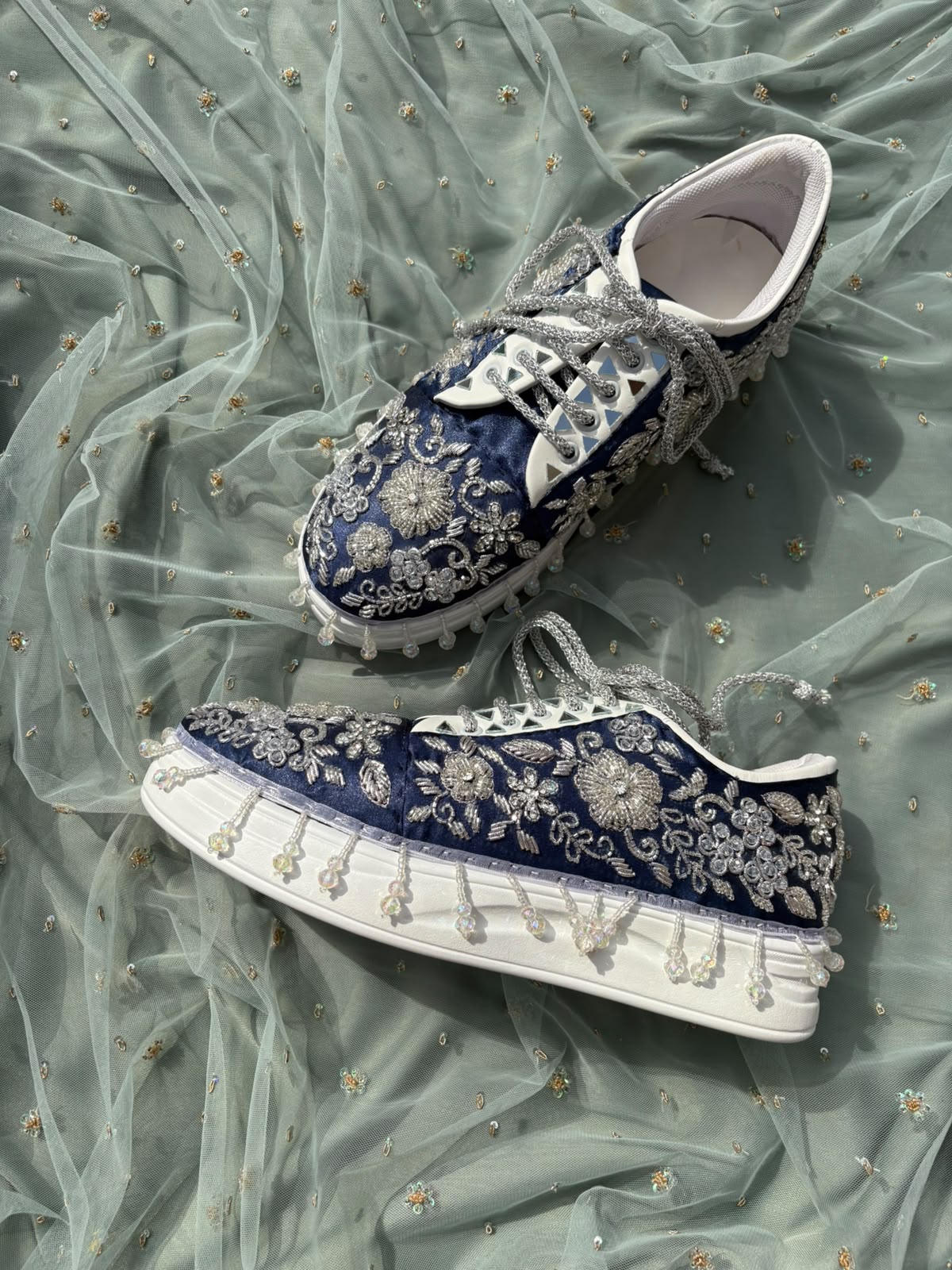 Neel Glam navy blue velvet silver floral embroidery pearl fringe sneakers