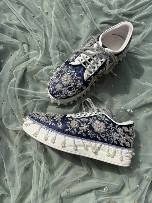 Neel Glam navy blue velvet silver floral embroidery pearl fringe sneakers