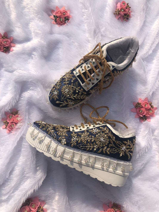 Neel Zari navy blue gold zari crystal floral pearl sole sneakers
