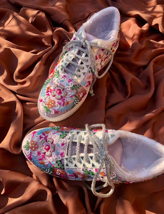 Rang Bloom white vibrant multicolour floral embroidery cutout panel sneakers